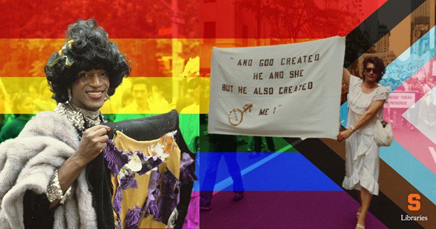 pride flag with overlay of transgender person and another person protesting holding white sign