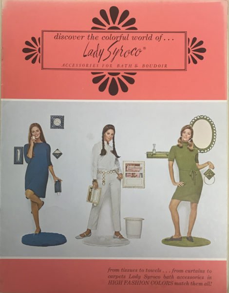 Catalog cover that reads "Discover the colorful world of Lay Syroco" and shows illustration of three Women in color-coded outfits with bathroom accessories