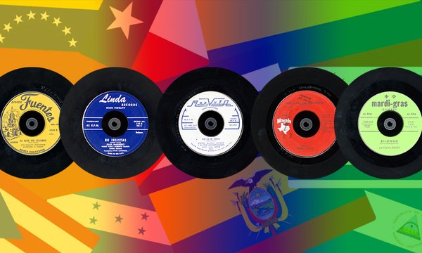 Latin American 45 records with yellow blue, white red and green labels in front of collage of Latin American flags