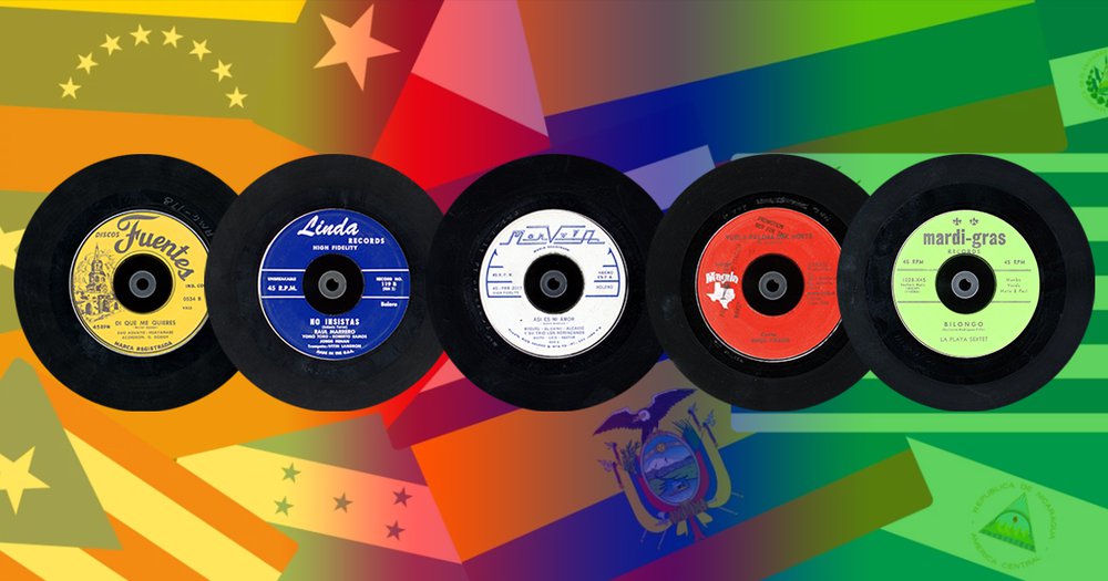 Latin American 45 records with yellow blue, white red and green labels in front of collage of Latin American flags