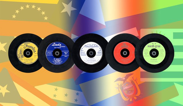 Rainbow overlaid image of collage of Latin American country flags with five 45 records on top with yellow, blue, white, red and green labels
