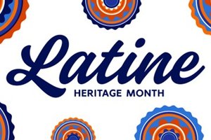 words Latine Heritage Month in center with colorful circular designs around it