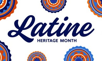 words Latine Heritage Month in center with colorful circular designs around it