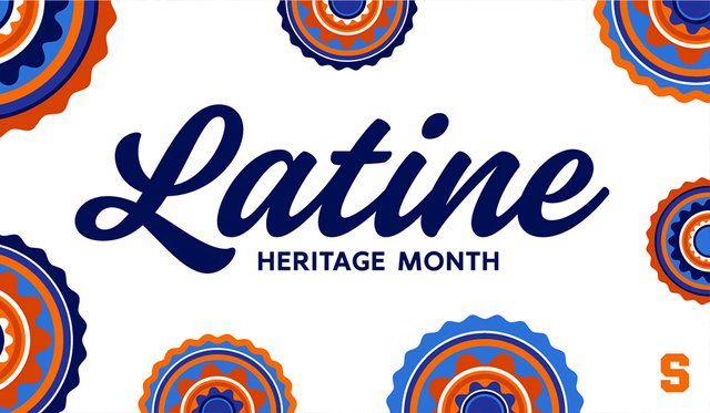 Dark blue text reads "Latine Heritage Month" with artistic geometric shapes in oranges and blues