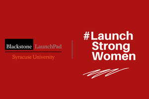 #LaunchStrongWomen on red background