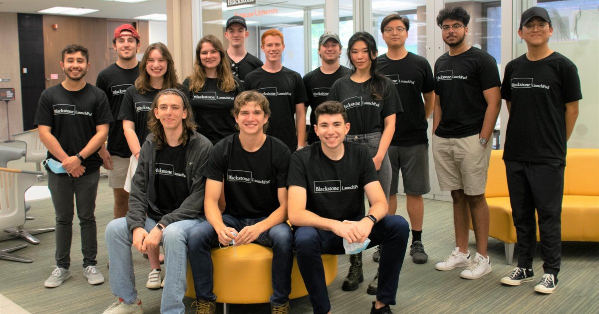 LaunchPad 2021-2022 team members pose for a group photo in front of Blackstone LaunchPad Office