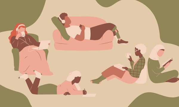 illustration of people sitting and reading in various positions