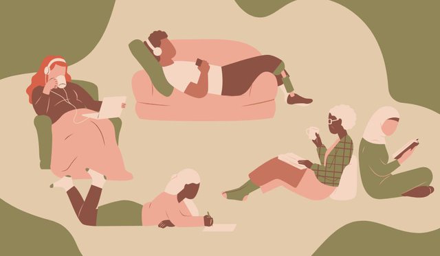 Green, brown, tan, cream and pink illustrations of people wearing headphones, looking at books and laptops, drinking from mugs, and laying down
