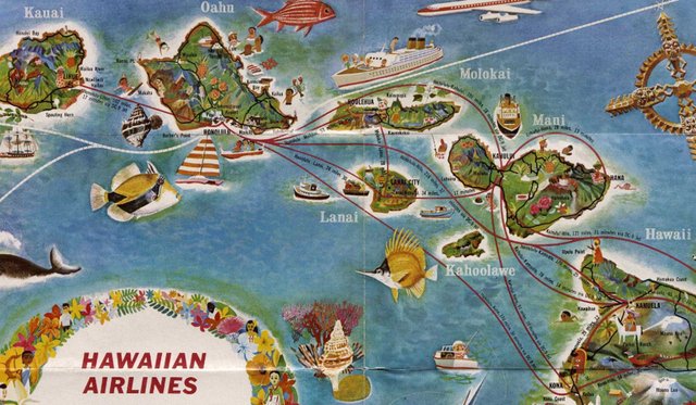Illustrated Hawaiian Airlines map of the islands of the state of Hawaii with red route lines, fish, boats, seashells and planes