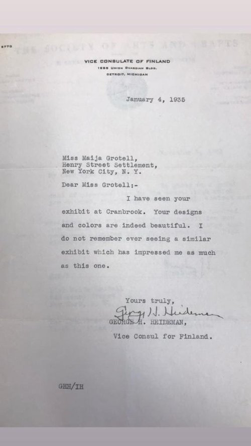 Letter from the Vice Consulate of Finland explaining his admiration for Grotell’s designs. Maija Grotell Papers.