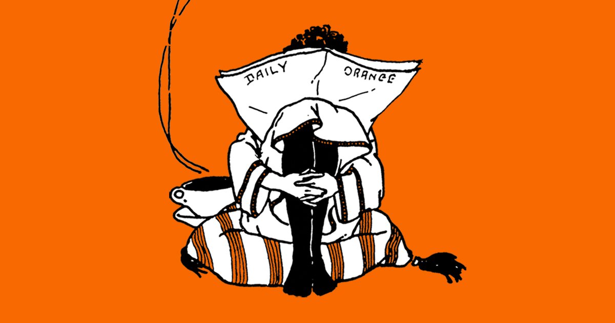 Black and white illustration of person sitting on a pillow with a steaming cup of coffee reading the Daily Orange newspaper, over solid orange background