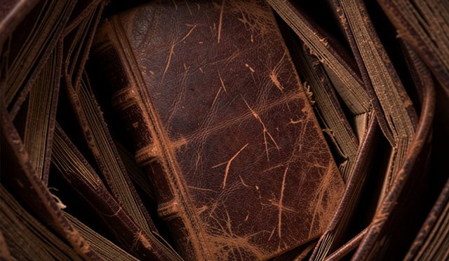 Brown warn book amongst pages of other worn books