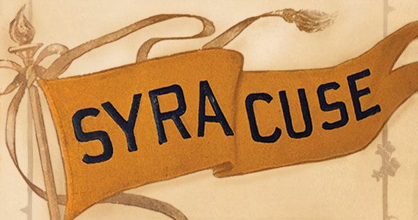 Vintage print of an orange Syracuse University banner with Syracuse in dark blue font with long tails over paper background