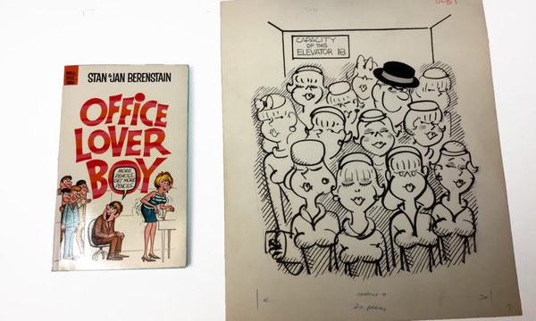 Cartoon of lecherous man on packed elevator of women