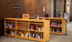 A big couch with bookshelves on the other three sides