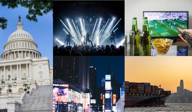 Collage of professional images including the Capitol building in Washington DC, a concert with laser lights, a cityscape with billboards, a living room with soccer on TV and beers and chips in the foreground, and a shipping container ferry on water at sunset