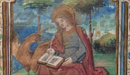 medieval painting of saint writing in journal, the title "The Making of the Medieval Book" in center, medieval painting of person writing in bottom left and medieval painting of cougar in bottom right