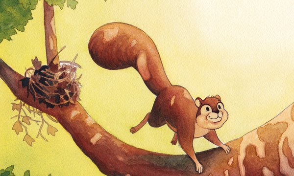 illustration of squirrel on branch leaving nest