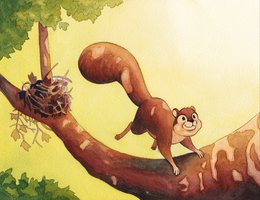 illustration of squirrel running on branch with nest behind