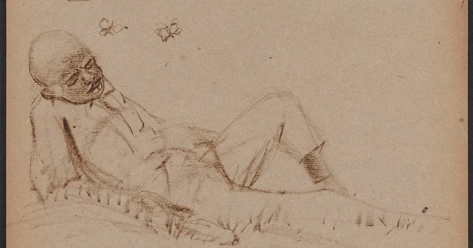 sketch of man laying with butterflies flying around his head