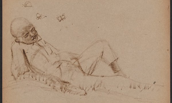 sketch of man laying with butterflies flying around his head