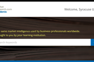 MarketResearch.com Academic database landing page stating “Welcome, Syracuse University” and “The same market intelligence used by business professionals worldwide. Brought to you by your learning institution.”