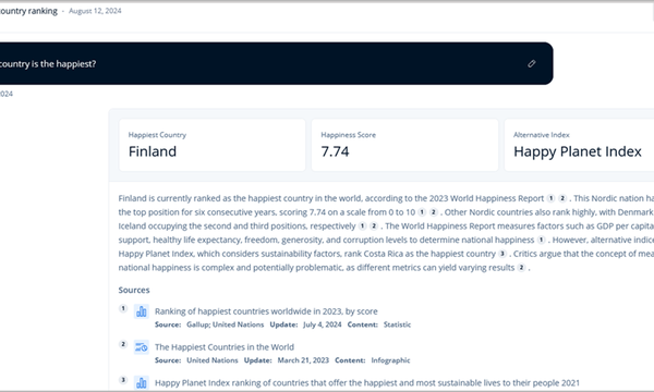 screen shot of Research AI response to prompt “Which Country is the happiest?”
