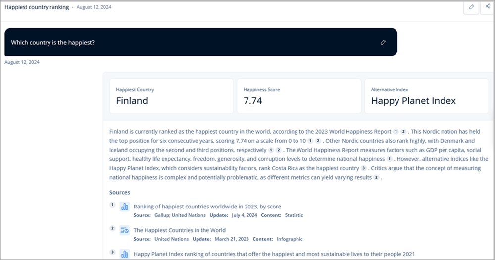 screen shot of Research AI response to prompt “Which Country is the happiest?”