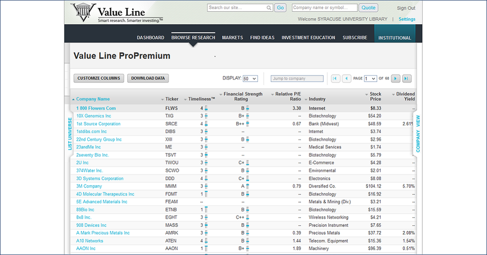 Value Line Pro Premium list showing Company Name, Ticker, Timeliness, Financial Strength, Relative P/E Ratio, Industry, Stock Price, and Dividend Yield.