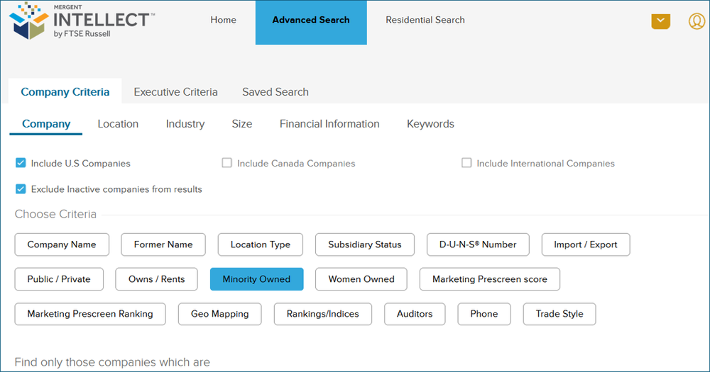 Mergent Intellect’s Advanced Search Company Criteria.