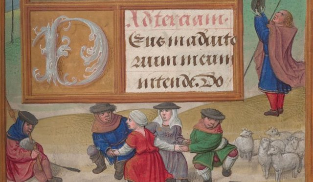illustration from medieval illuminated manuscript "Book of Hours" circa 1510-1520 portraying a shepherd, sheep, four people dancing in hats and colorful clothes, and someone sitting playing an instrument, with ornate text