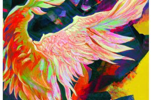 colorful abstract bird drawing with colors in background and title "Mend" in lower corner