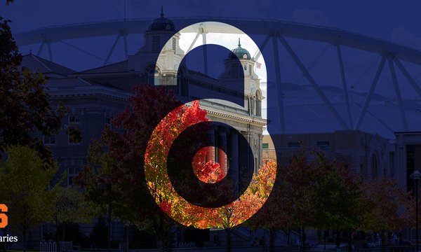 open access logo with blue sepia of bird library in background