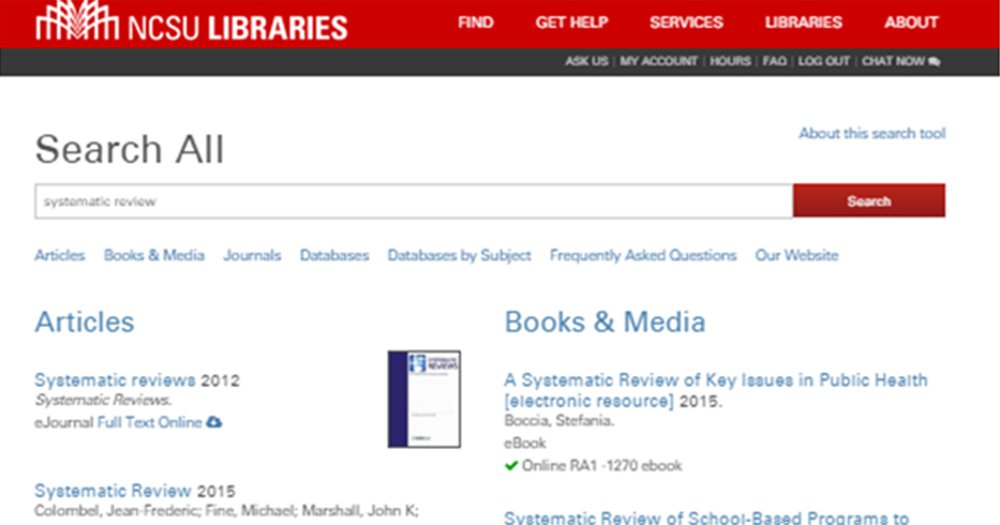 NCSU Libraries' bento box search results for systematic review