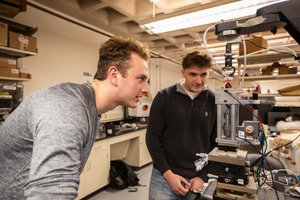 STEM students working on a technology commercialization project in the College of Engineering and Computer Science (Photo taken by Lars Jendruschewitz ’27).