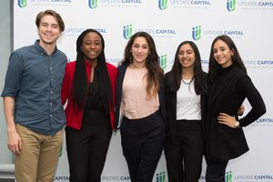 Syracuse University students at 2018 New York Business Plan Competition. From left, Charles Keppler and Serena Ogie Evah Omo Lamai, co-founders of Fibre Free, Kayla Simon and Elizabeth Tarangelo, co-founders of In-Spire, and Julia Haber, founder of W