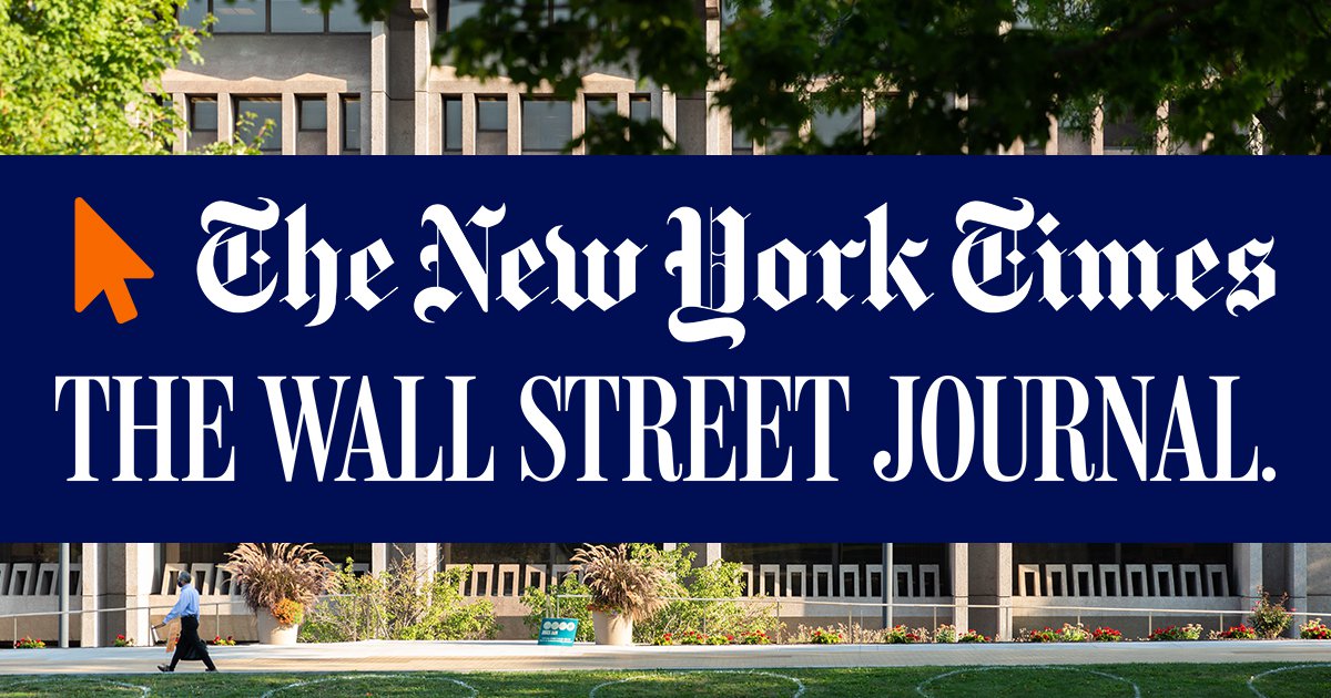 Orange mouse icon and logos of the New York Times and Wall Street Journal on blue rectangle over photo of Bird Library