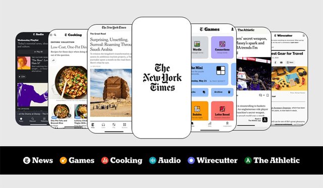 Series of cell phones with different NY Times apps on screen