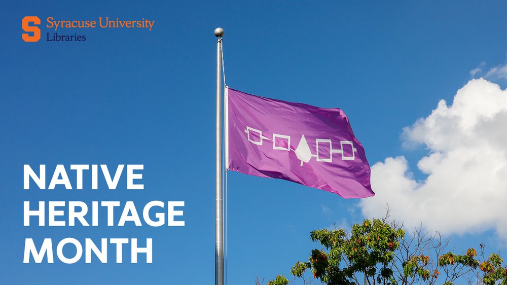 Indigenous flag across blue sky with words "Native Heritage Month"