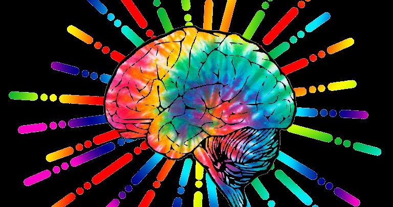 rainbow colored brain with rainbow color rays emanating out