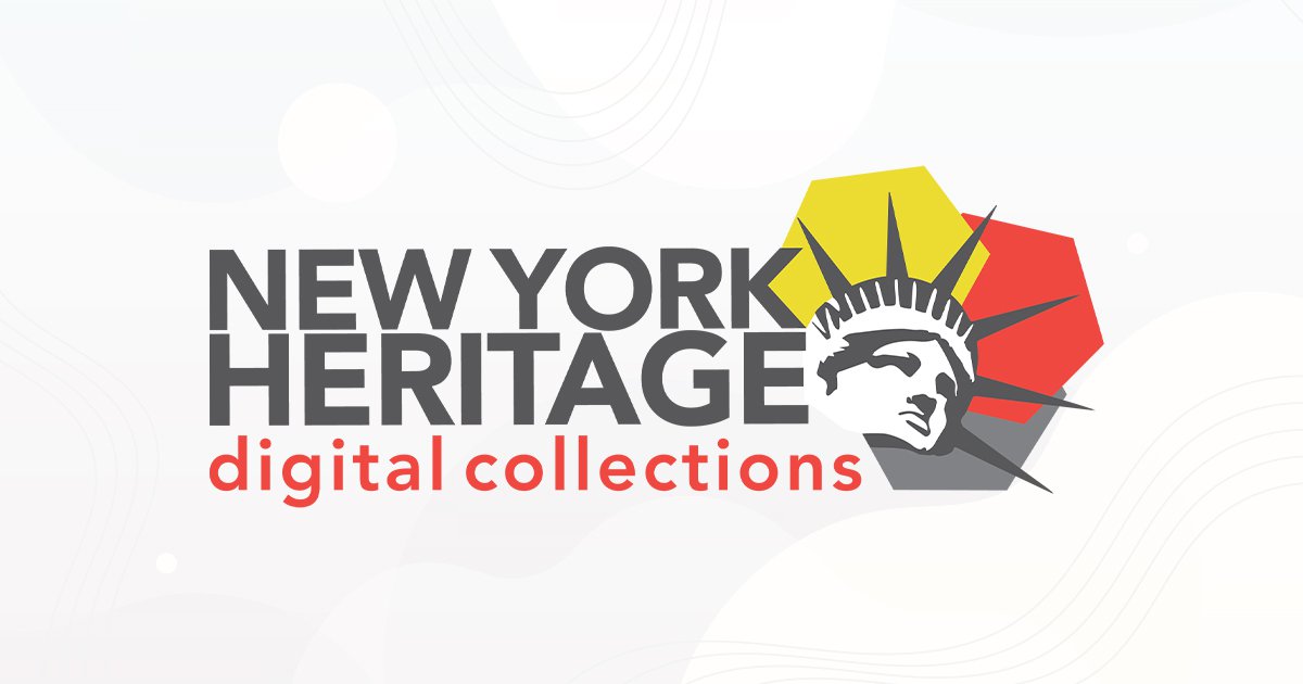 New York Heritage Digital Collections logo with head of statue of liberty over yellow, red and gray hexagons