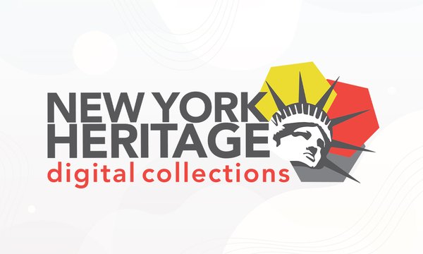 New York Heritage Digital Collections logo with head of statue of liberty over yellow, red and gray hexagons