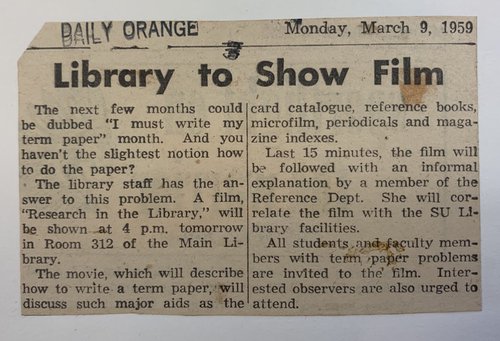 Newspaper clipping of library-hosted event with the headline, “Library to Show Film” dated 1959. Syracuse University Clipping Files.