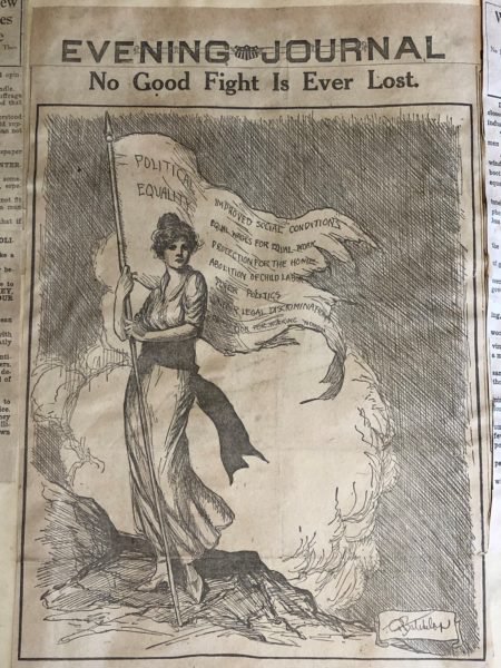 Political cartoon of woman holding flag
