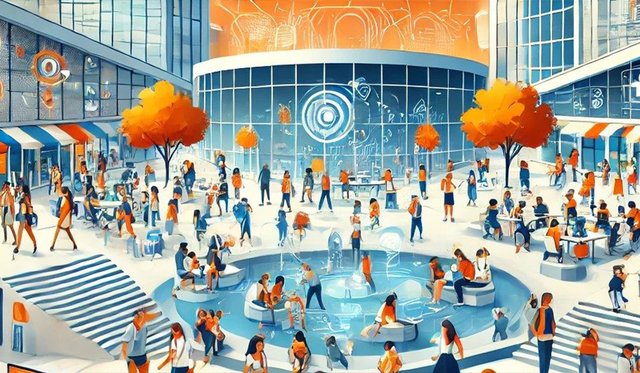 An AI-generated image of many people walking on what appears to be a campus with light blue buildings, orange trees and orange sky