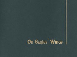 dark green booklet cover with gold vertical line on right side and words "On Eagle's Wings" in gold bottom right