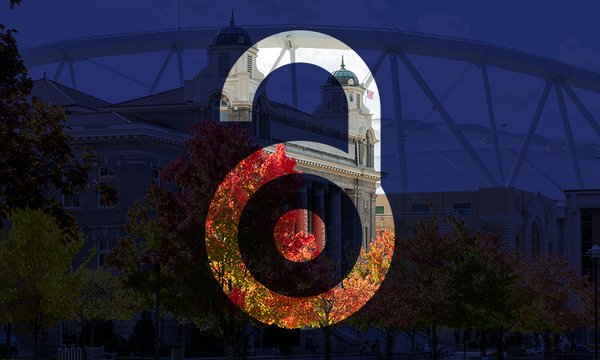 open access icon with blue sepia of library in background