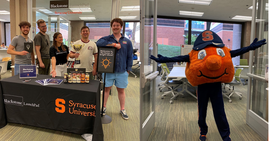 5 students and Otto pose in front of the Blackstone LaunchPad Office