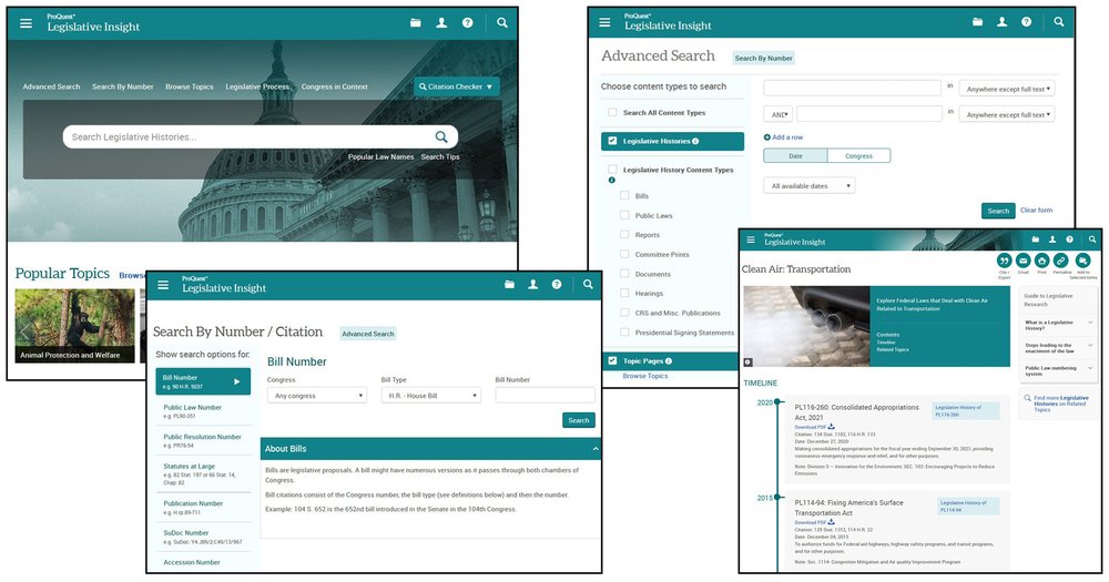 Image of the Main search screen, Advanced search screen, Timeline page and congressional number search screen.