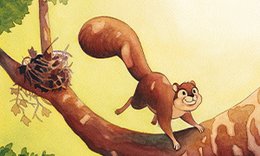 illustration of squirrel running on branch with nest behind